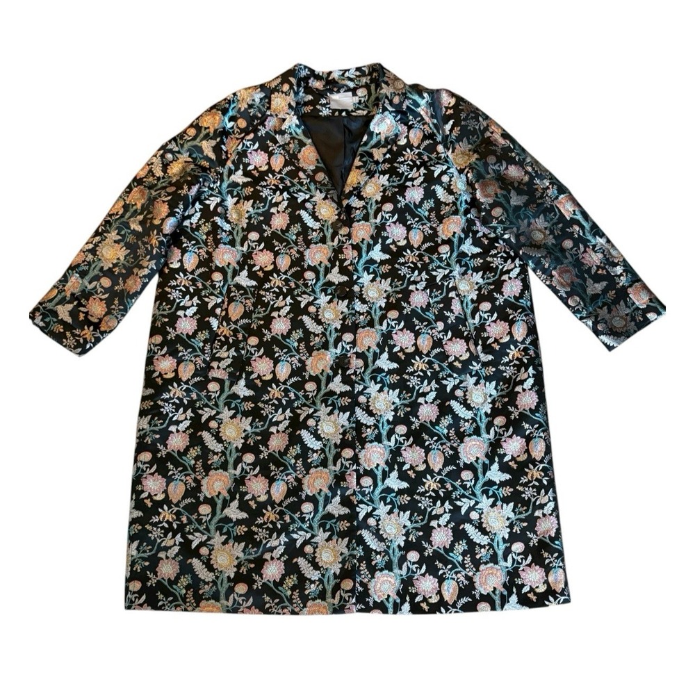 ASOS Womens Duster Coat Plus Size 24 Black Floral Brocade Metallic Topper